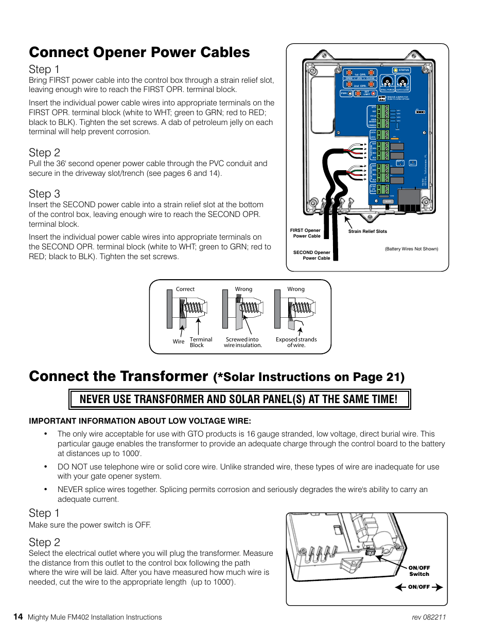 Connect opener power cables, Connect the transformer, Solar instructions on page 21) | Step 1, Step 2, Step 3, Make sure the power switch is off | Mighty Mule MM402 User Manual | Page 24 / 36
