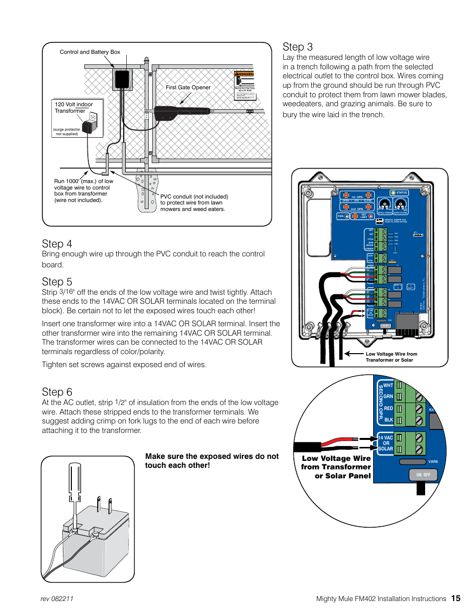 Step 3, Step 4, Step 5 | Step 6, Strip, At the ac outlet, strip, Low voltage wire from transformer or solar panel | Mighty Mule MM402 User Manual | Page 25 / 36