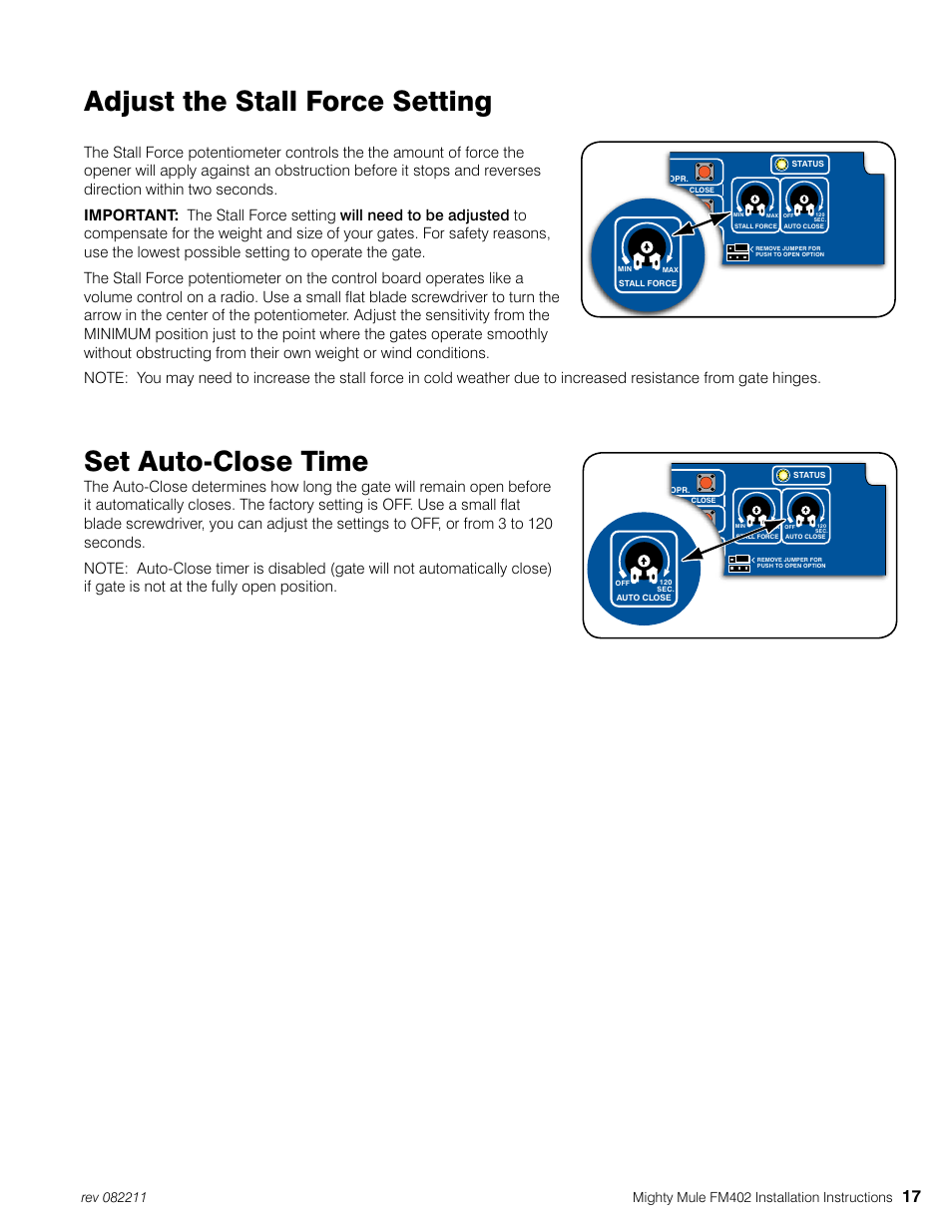 Adjust the stall force setting, Set auto-close time | Mighty Mule MM402 User Manual | Page 27 / 36