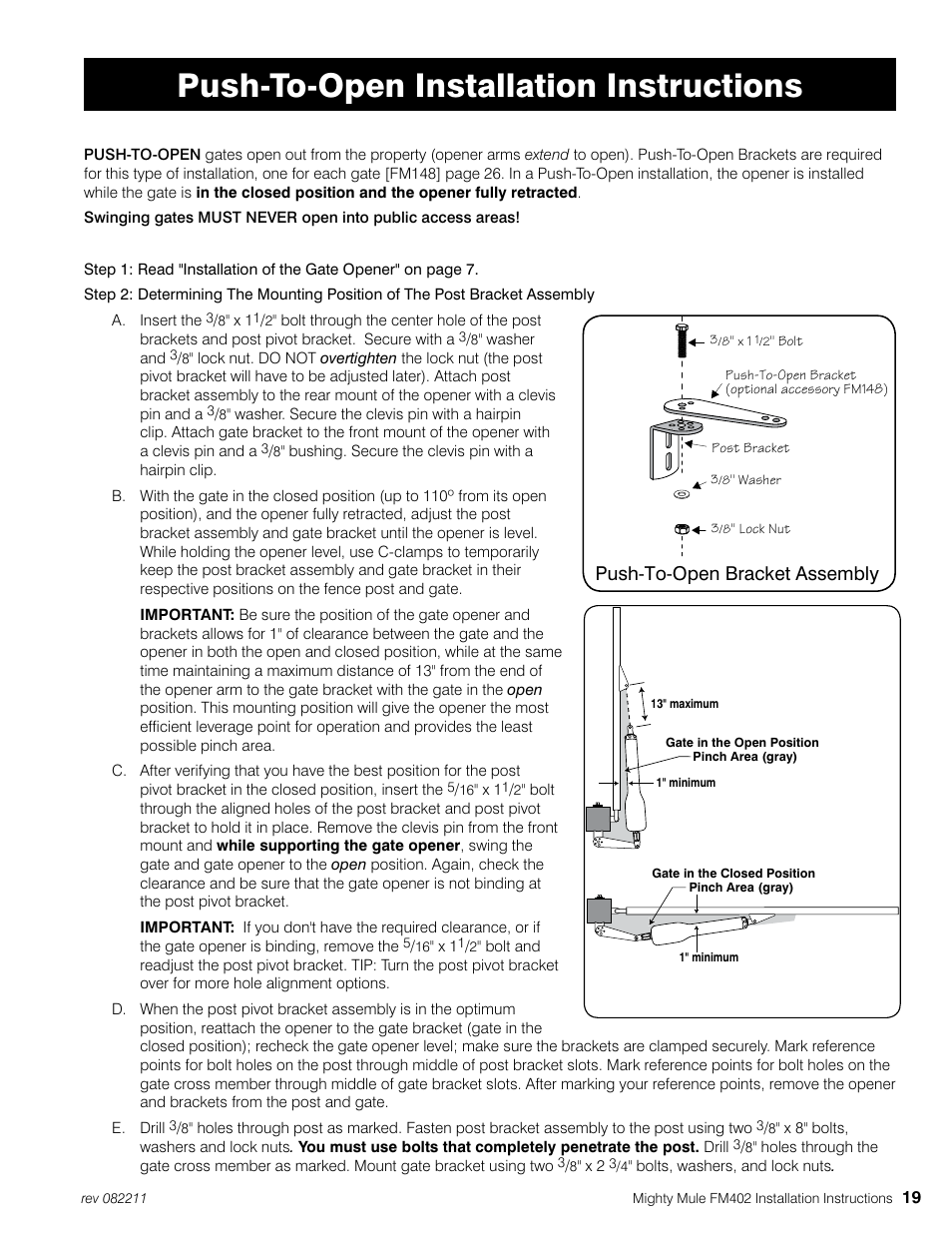 Push-to-open installation instructions, Push-to-open bracket assembly | Mighty Mule MM402 User Manual | Page 29 / 36