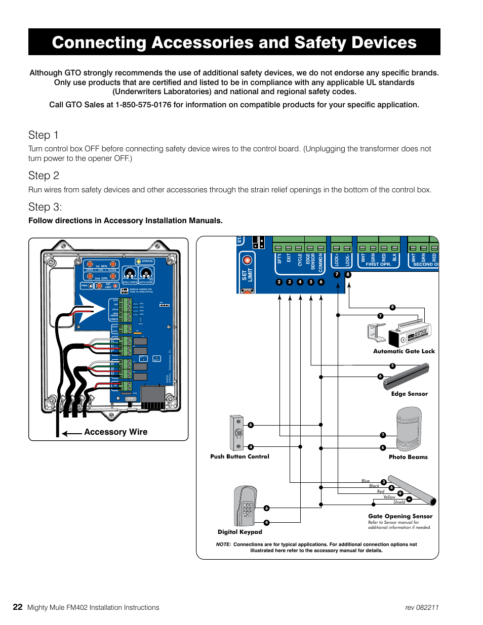 Connecting accessories and safety devices, Step 1, Step 2 | Step 3, Accessory wire, Edge sensor automatic gate lock, Digital keypad, 1st opr . 2nd opr | Mighty Mule MM402 User Manual | Page 32 / 36