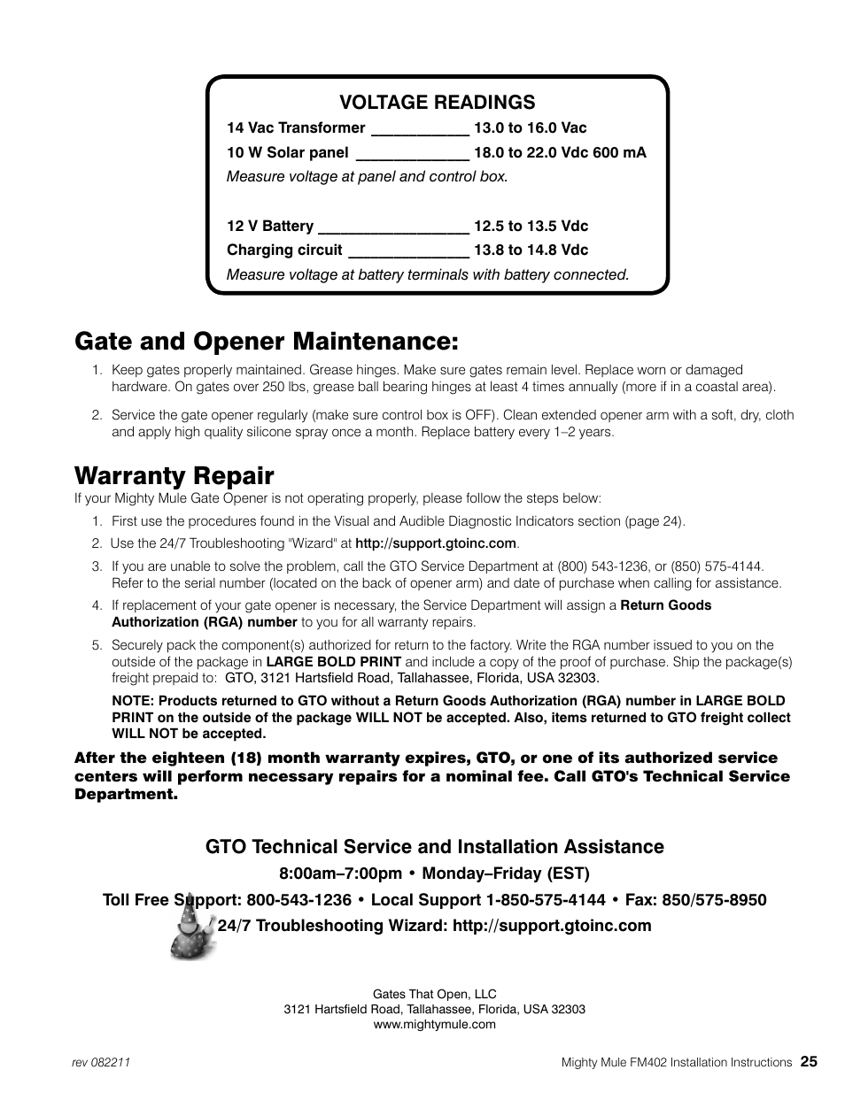 Gate and opener maintenance, Warranty repair, Voltage readings | Gto technical service and installation assistance | Mighty Mule MM402 User Manual | Page 35 / 36