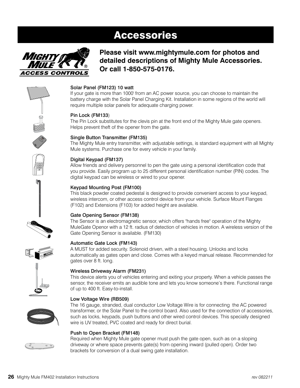 Accessories | Mighty Mule MM402 User Manual | Page 36 / 36