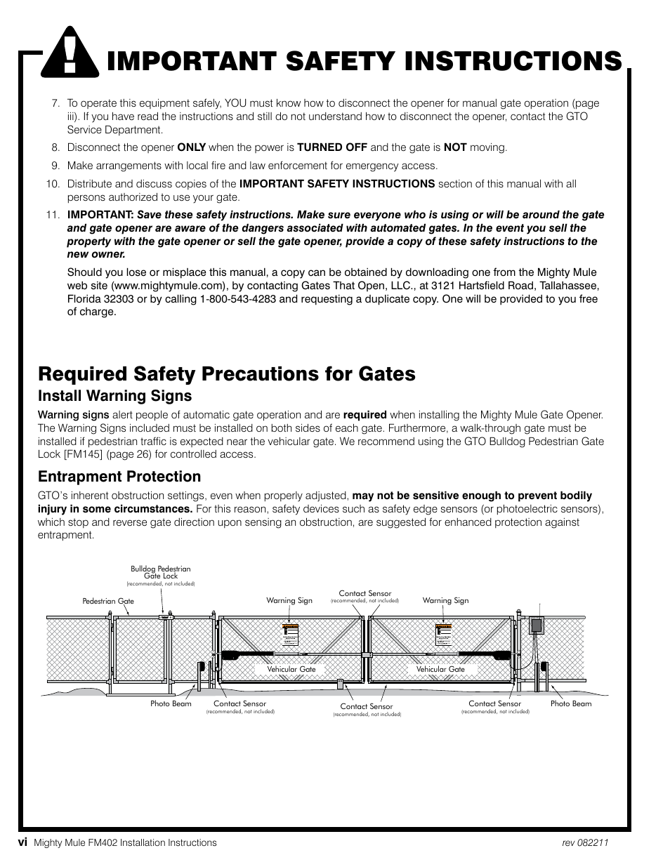 Important safety instructions, Required safety precautions for gates, Install warning signs | Entrapment protection | Mighty Mule MM402 User Manual | Page 8 / 36
