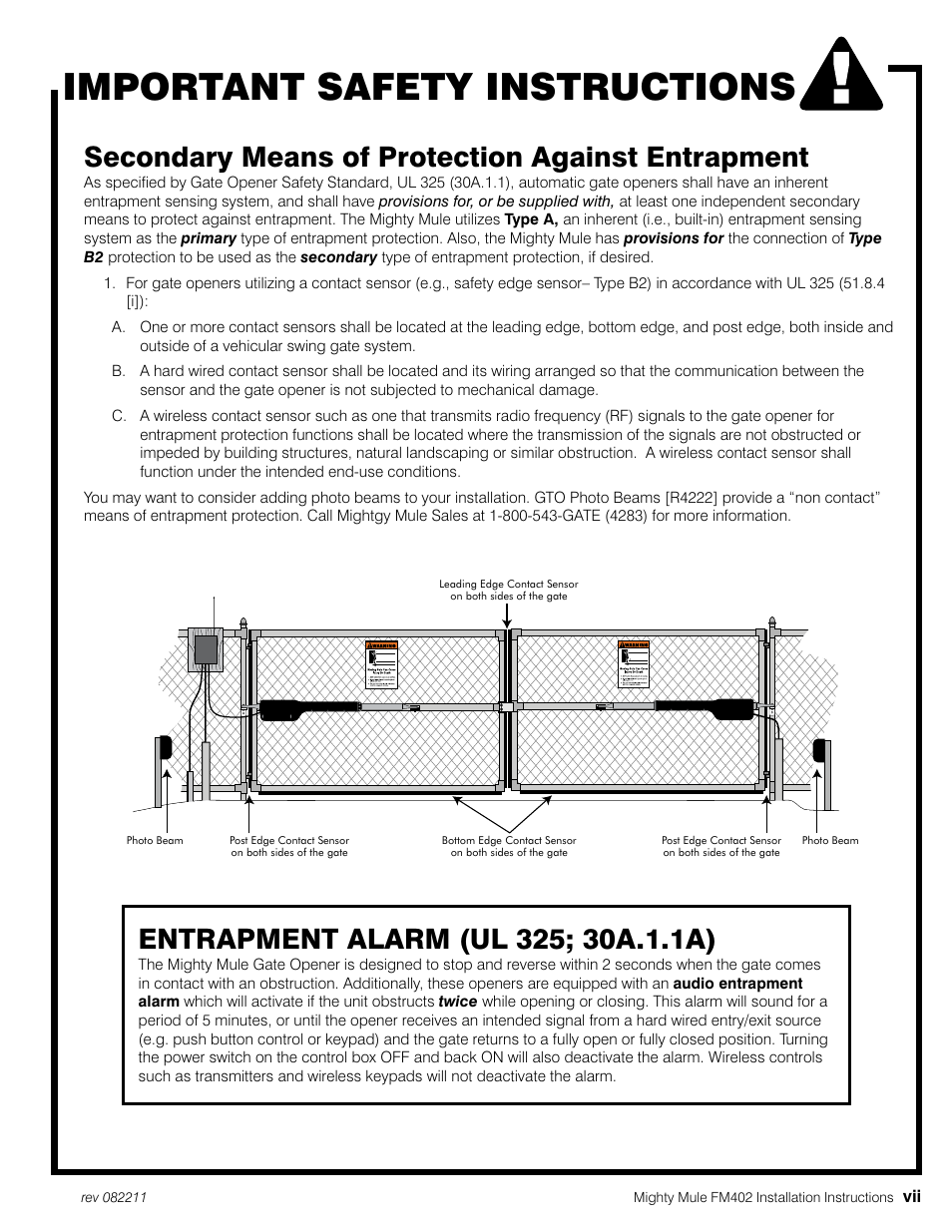 Important safety instructions, Secondary means of protection against entrapment | Mighty Mule MM402 User Manual | Page 9 / 36