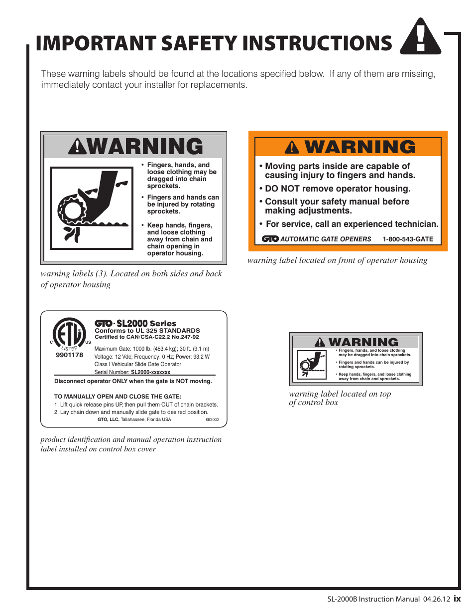 Warning, Important safety instructions | Mighty Mule MM-SL2000B User Manual | Page 11 / 40