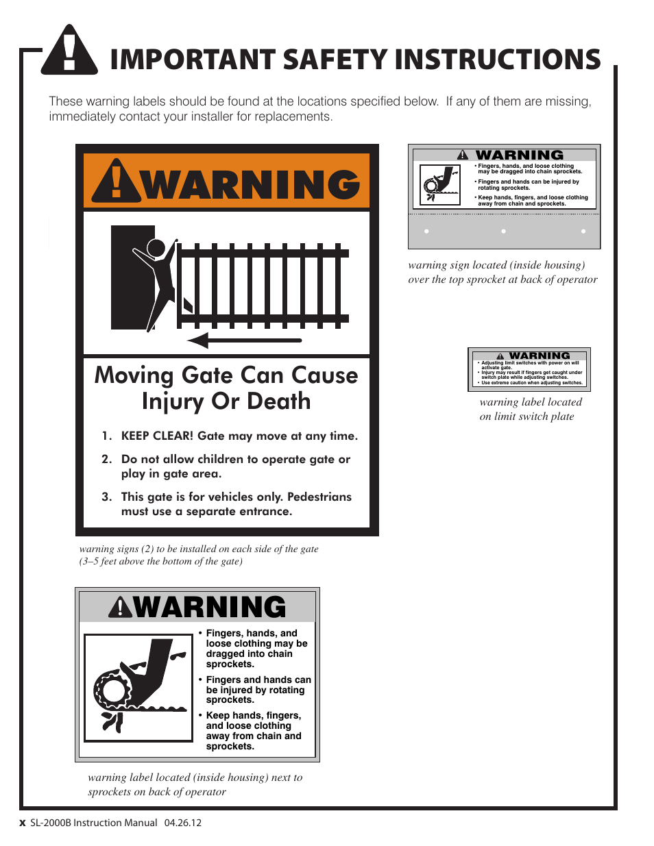 Important safety instructions, Warning, Moving gate can cause injury or death | Mighty Mule MM-SL2000B User Manual | Page 12 / 40