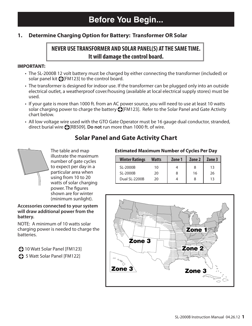 Before you begin, Solar panel and gate activity chart | Mighty Mule MM-SL2000B User Manual | Page 13 / 40
