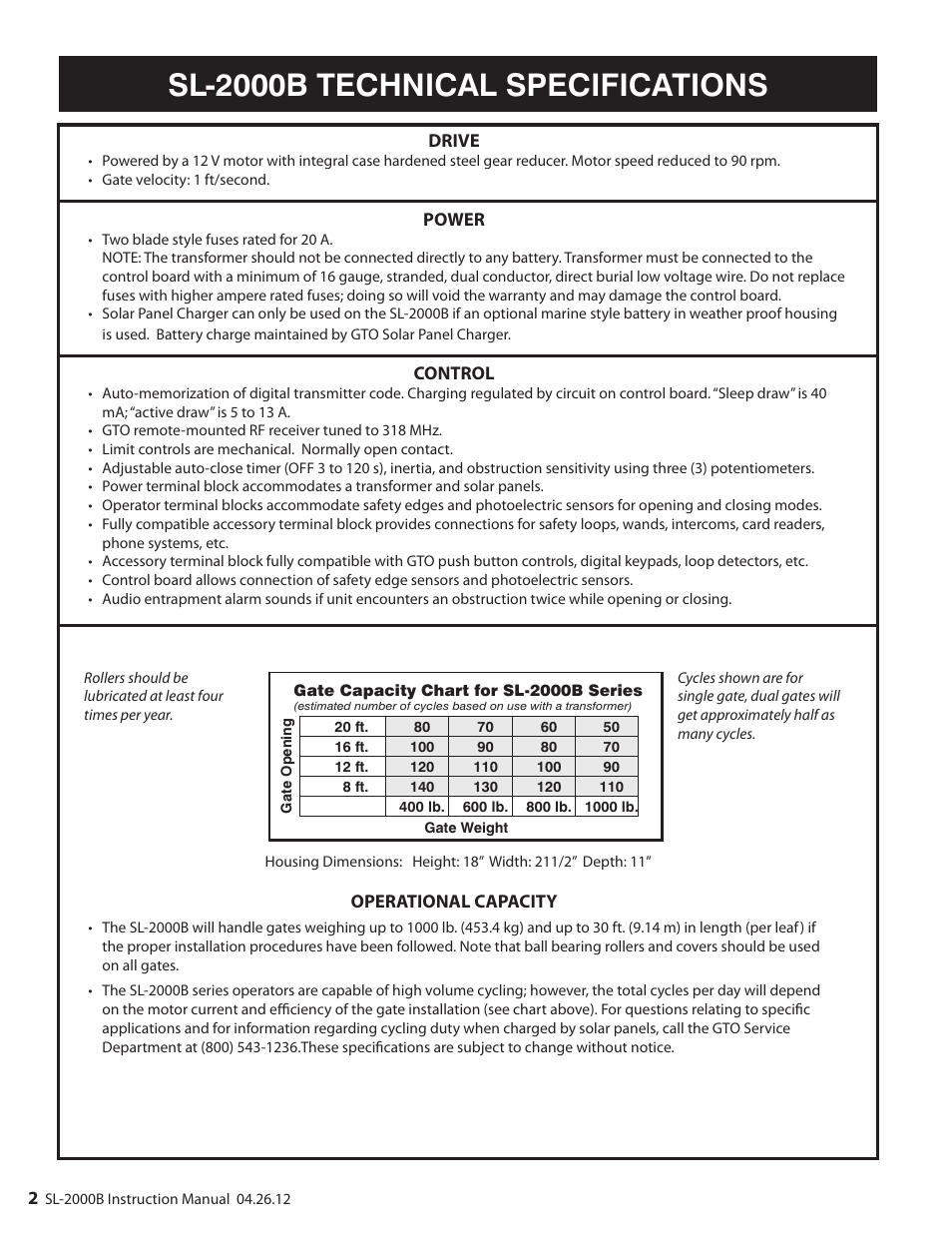 Sl-2000b technical specifications | Mighty Mule MM-SL2000B User Manual | Page 14 / 40