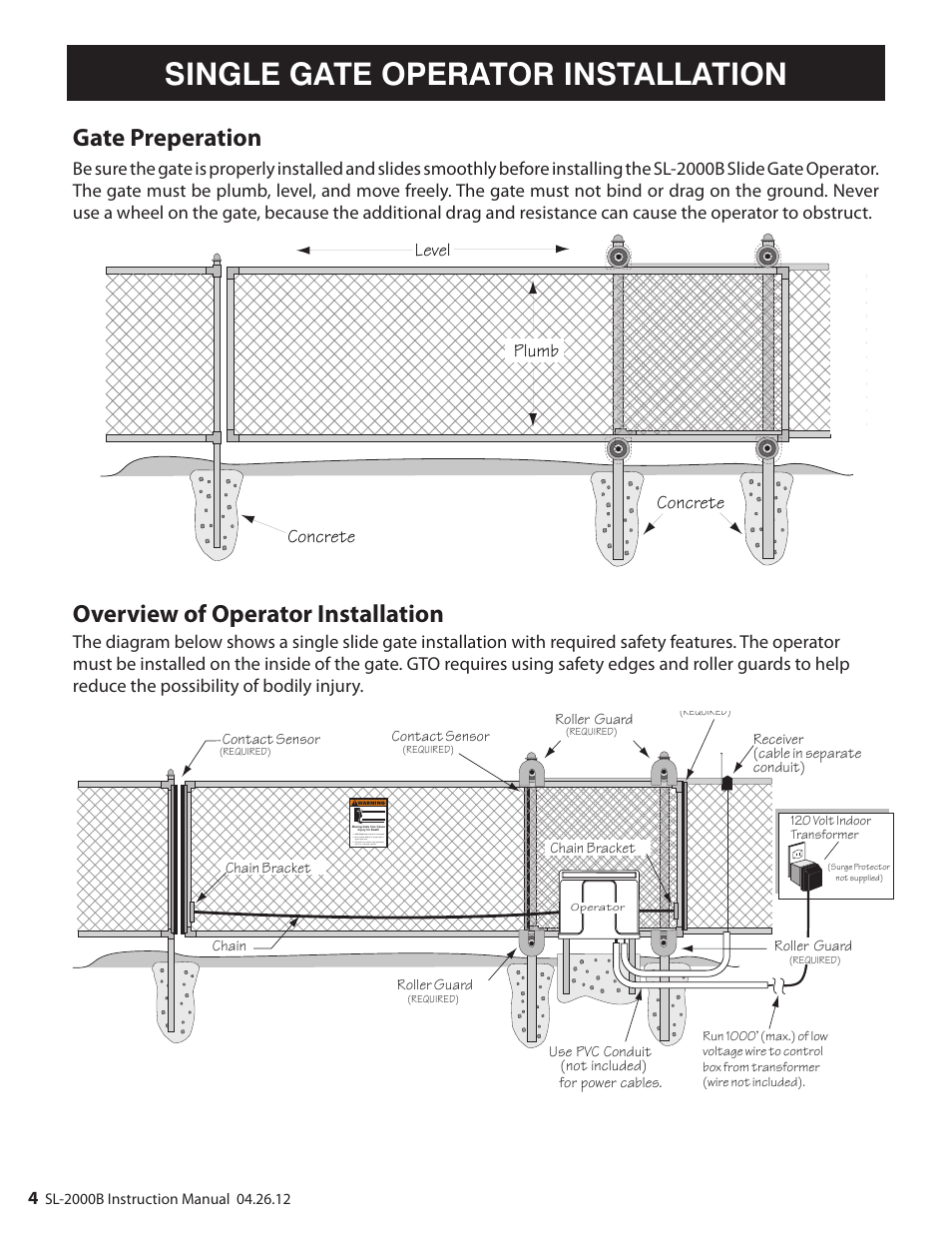 Single gate operator installation, Gate preperation overview of operator installation | Mighty Mule MM-SL2000B User Manual | Page 16 / 40