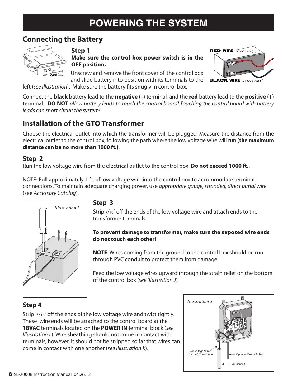 Powering the system, Connecting the battery, Installation of the gto transformer | Step 1, Step 8, Step 3, Step 2, Step 4 | Mighty Mule MM-SL2000B User Manual | Page 20 / 40