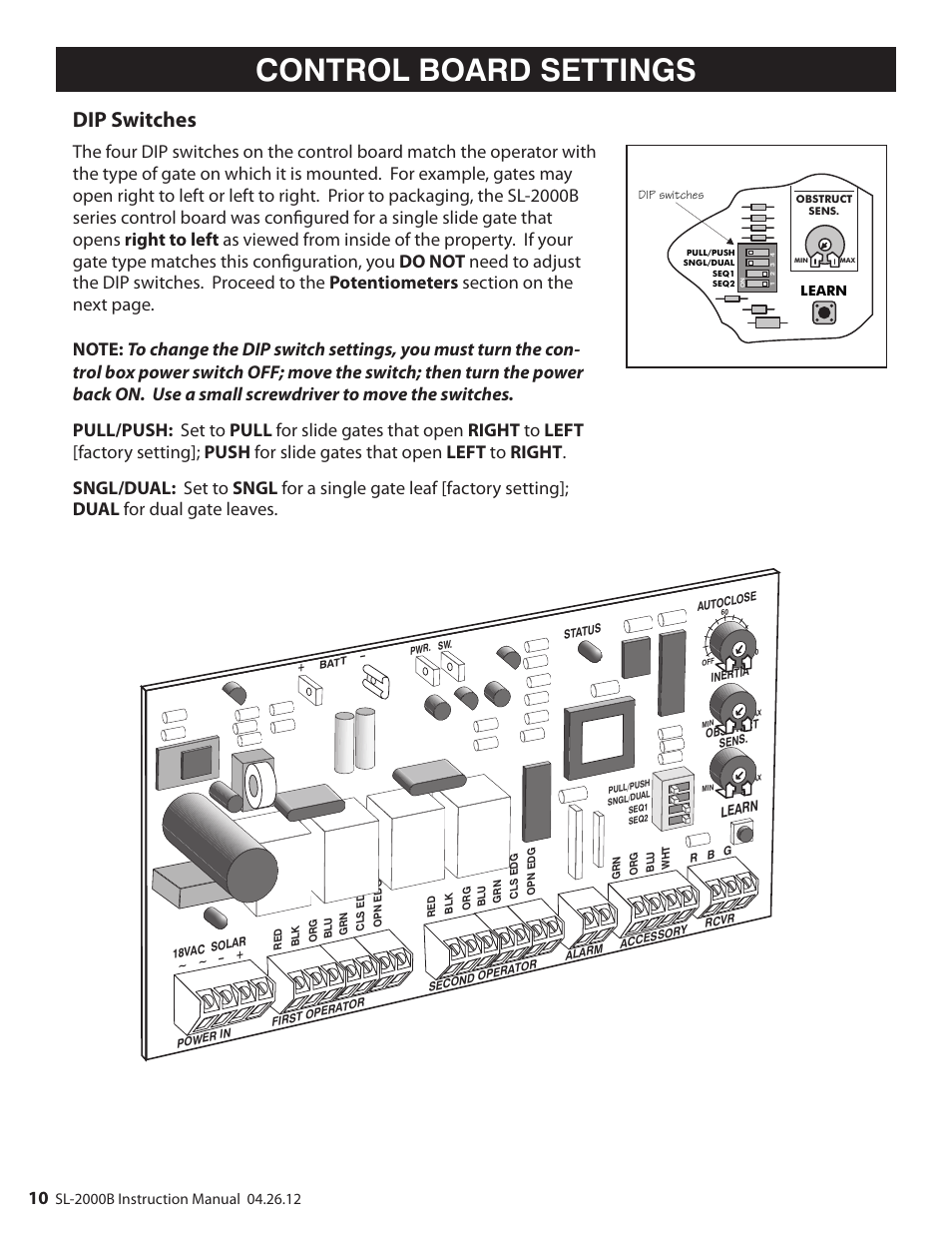 Control board settings, Dip switches | Mighty Mule MM-SL2000B User Manual | Page 22 / 40