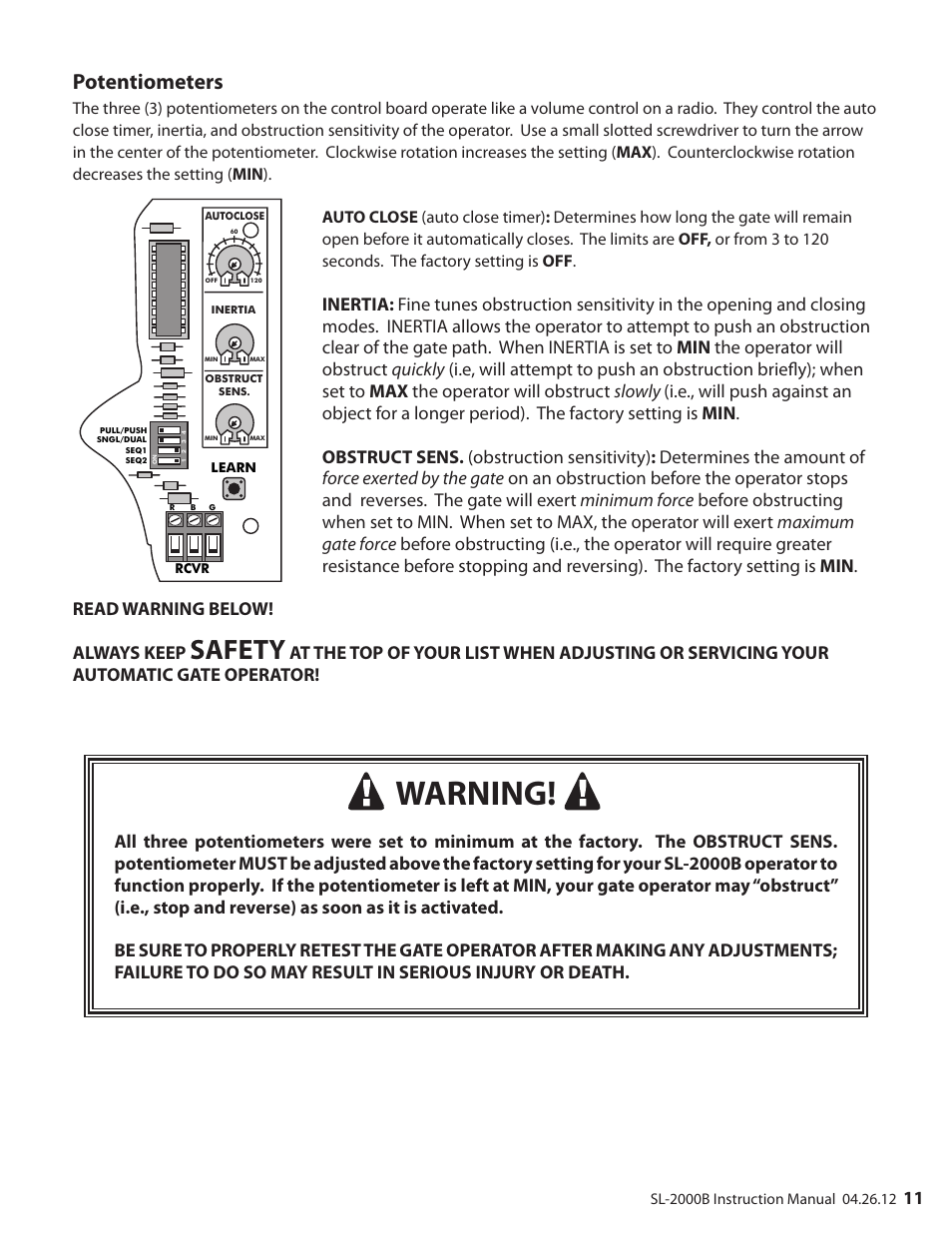 Warning, Safety, Potentiometers | Mighty Mule MM-SL2000B User Manual | Page 23 / 40