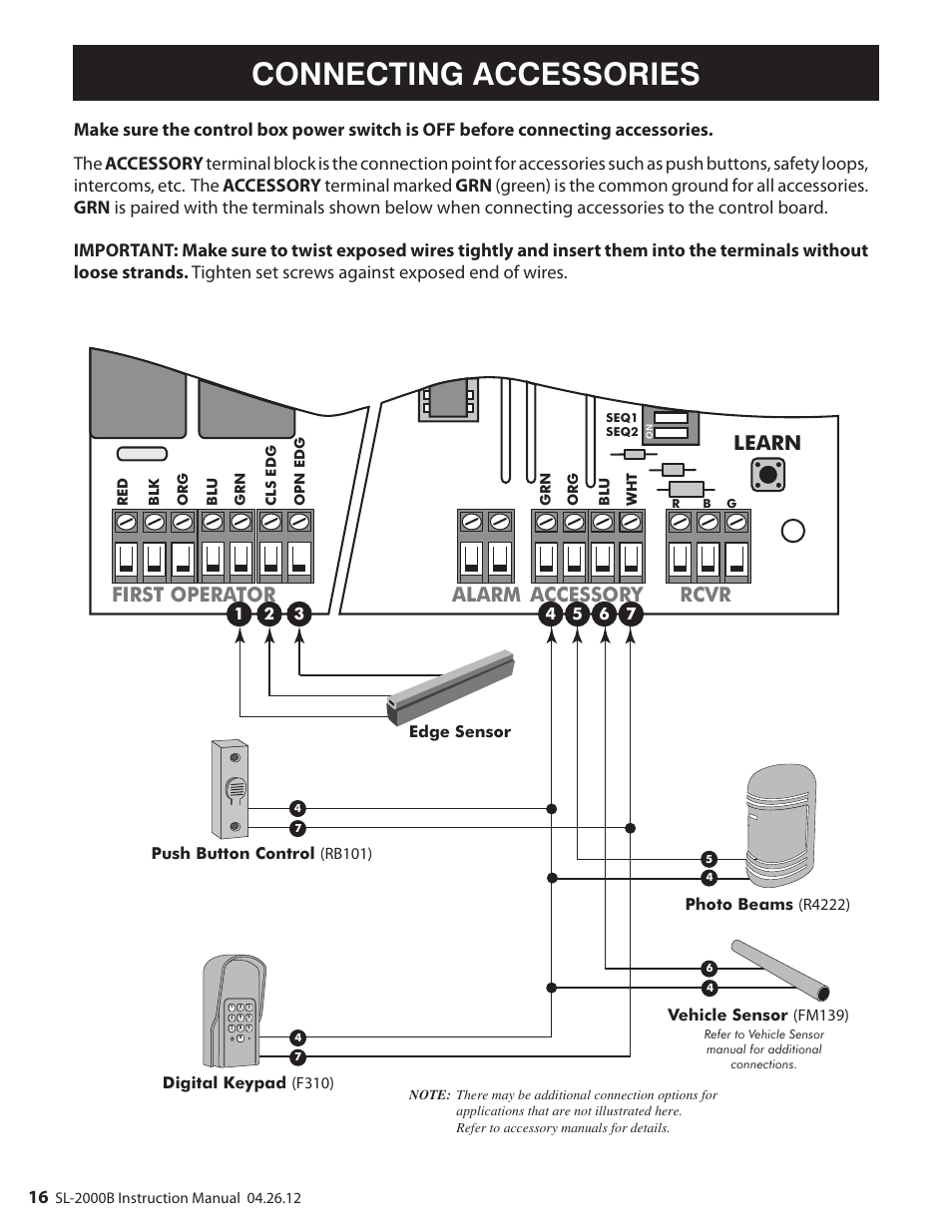 Connecting accessories, First operator alarm accessory rcvr, Learn | Edge sensor, Digital keypad (f310) | Mighty Mule MM-SL2000B User Manual | Page 28 / 40
