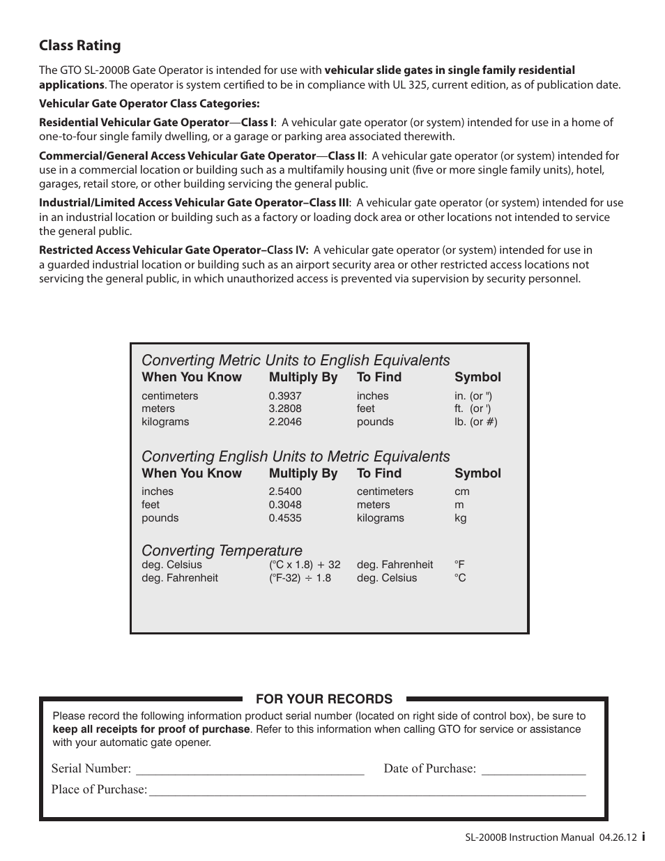 Class rating, Converting metric units to english equivalents, Converting english units to metric equivalents | Converting temperature | Mighty Mule MM-SL2000B User Manual | Page 3 / 40