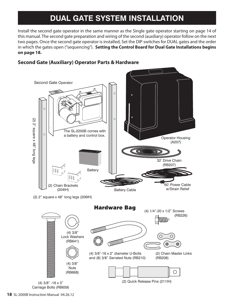 Dual gate system installation, Second gate (auxiliary) operator parts & hardware | Mighty Mule MM-SL2000B User Manual | Page 30 / 40