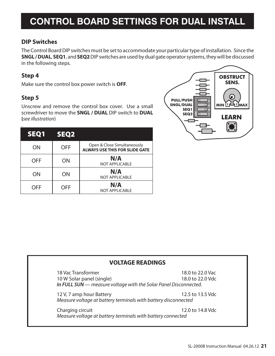 Control board settings for dual install, Seq1 seq2 | Mighty Mule MM-SL2000B User Manual | Page 33 / 40