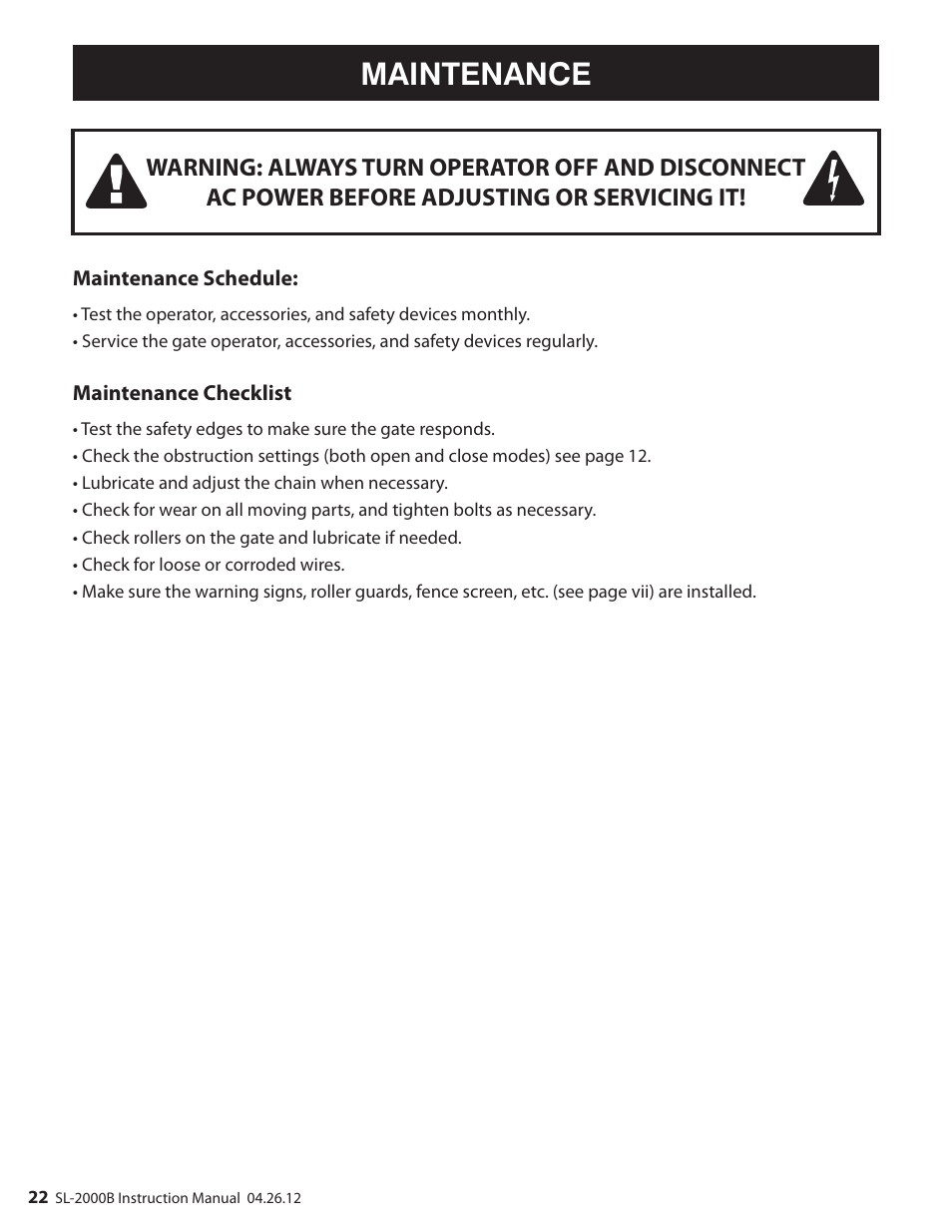 Maintenance | Mighty Mule MM-SL2000B User Manual | Page 34 / 40