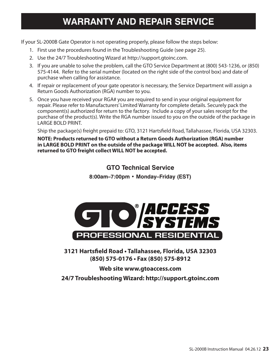 Access systems, Warranty and repair service, Professional residential | Mighty Mule MM-SL2000B User Manual | Page 35 / 40
