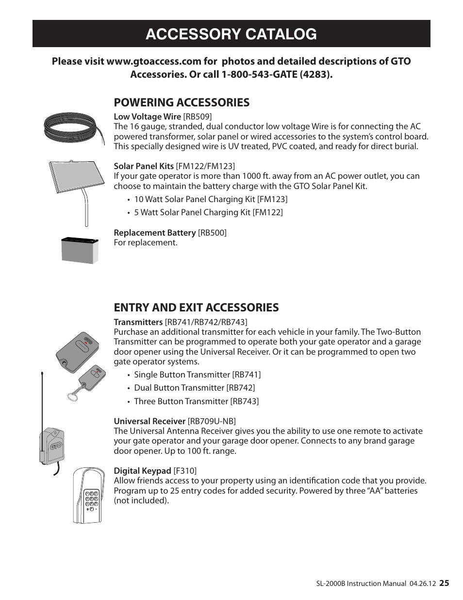 Accessory catalog, Powering accessories, Entry and exit accessories | Mighty Mule MM-SL2000B User Manual | Page 37 / 40