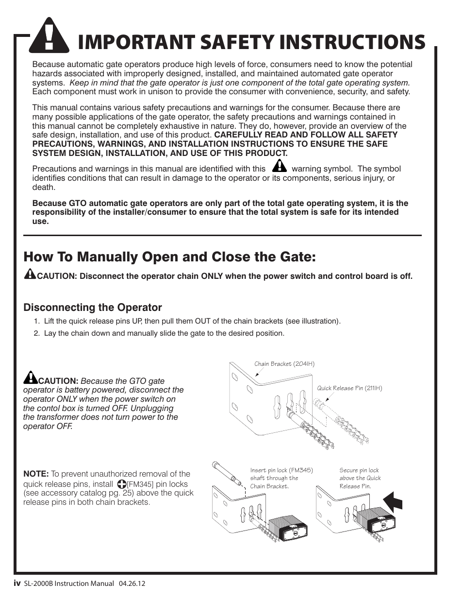 Important safety instructions, How to manually open and close the gate, Disconnecting the operator | Mighty Mule MM-SL2000B User Manual | Page 6 / 40