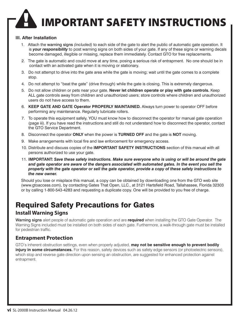 Important safety instructions, Required safety precautions for gates, Install warning signs | Entrapment protection | Mighty Mule MM-SL2000B User Manual | Page 8 / 40