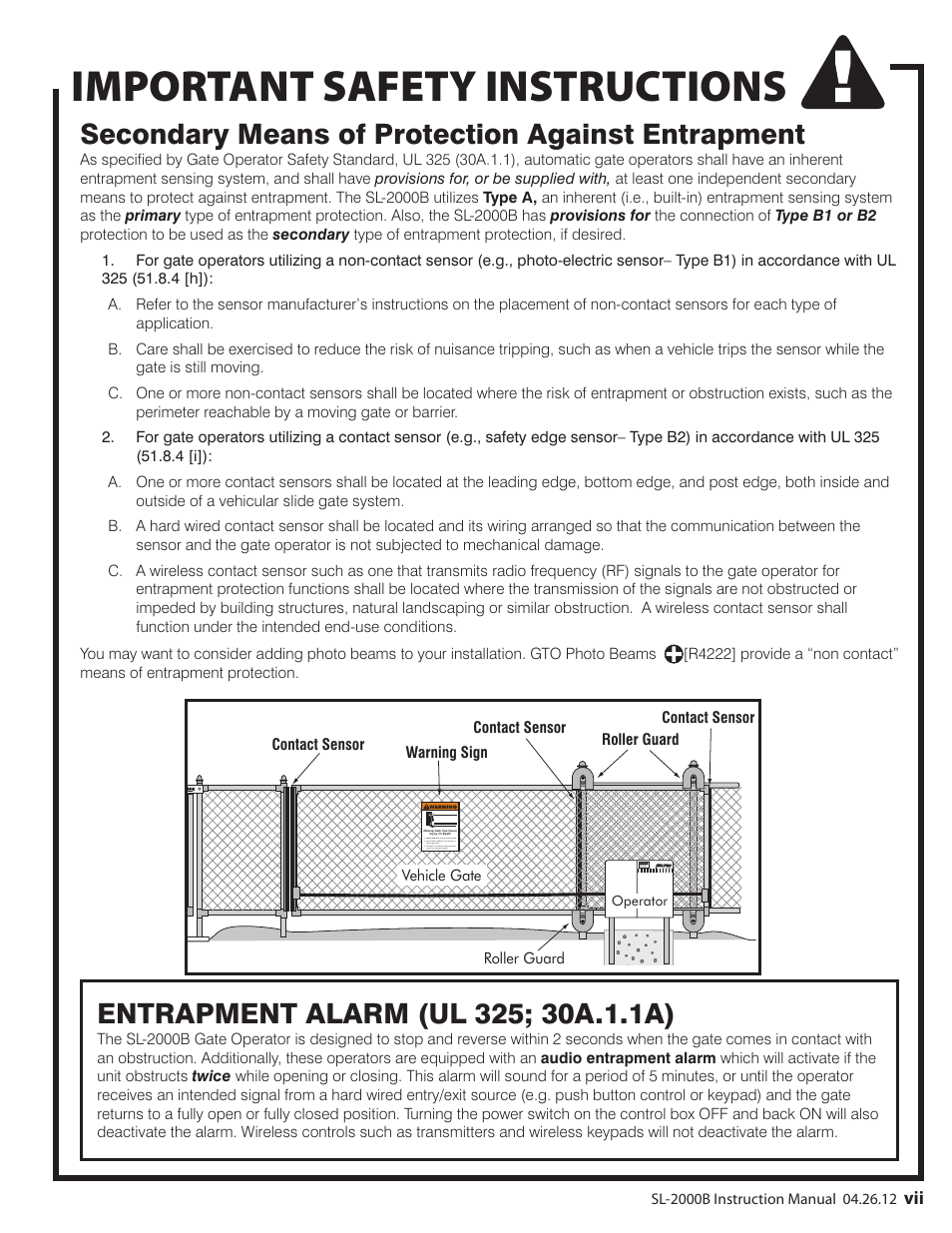 Important safety instructions, Secondary means of protection against entrapment | Mighty Mule MM-SL2000B User Manual | Page 9 / 40