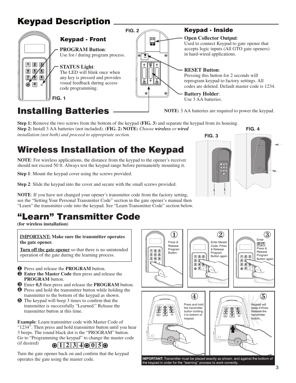 Keypad description installing batteries, Wireless installation of the keypad, Learn” transmitter code | Keypad - front, Keypad - inside, Status light, Program button, Battery holder, Reset button, Open collector output | Mighty Mule FM137 User Manual | Page 3 / 8