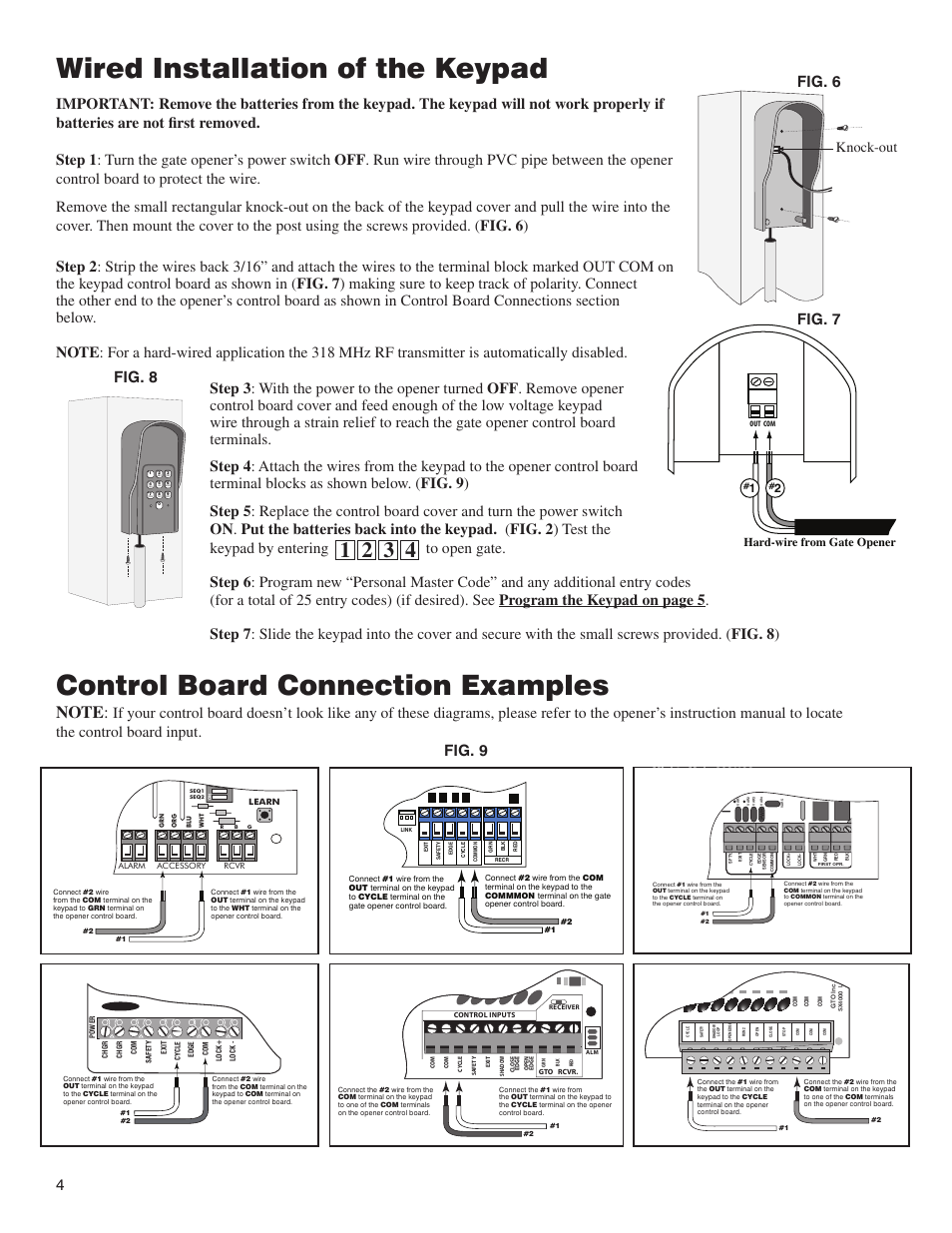 Control board connection examples, Wired installation of the keypad, Fig. 6 fig. 7 fig. 8 fig. 9 | Knock-out, Hard-wire from gate opener | Mighty Mule FM137 User Manual | Page 4 / 8