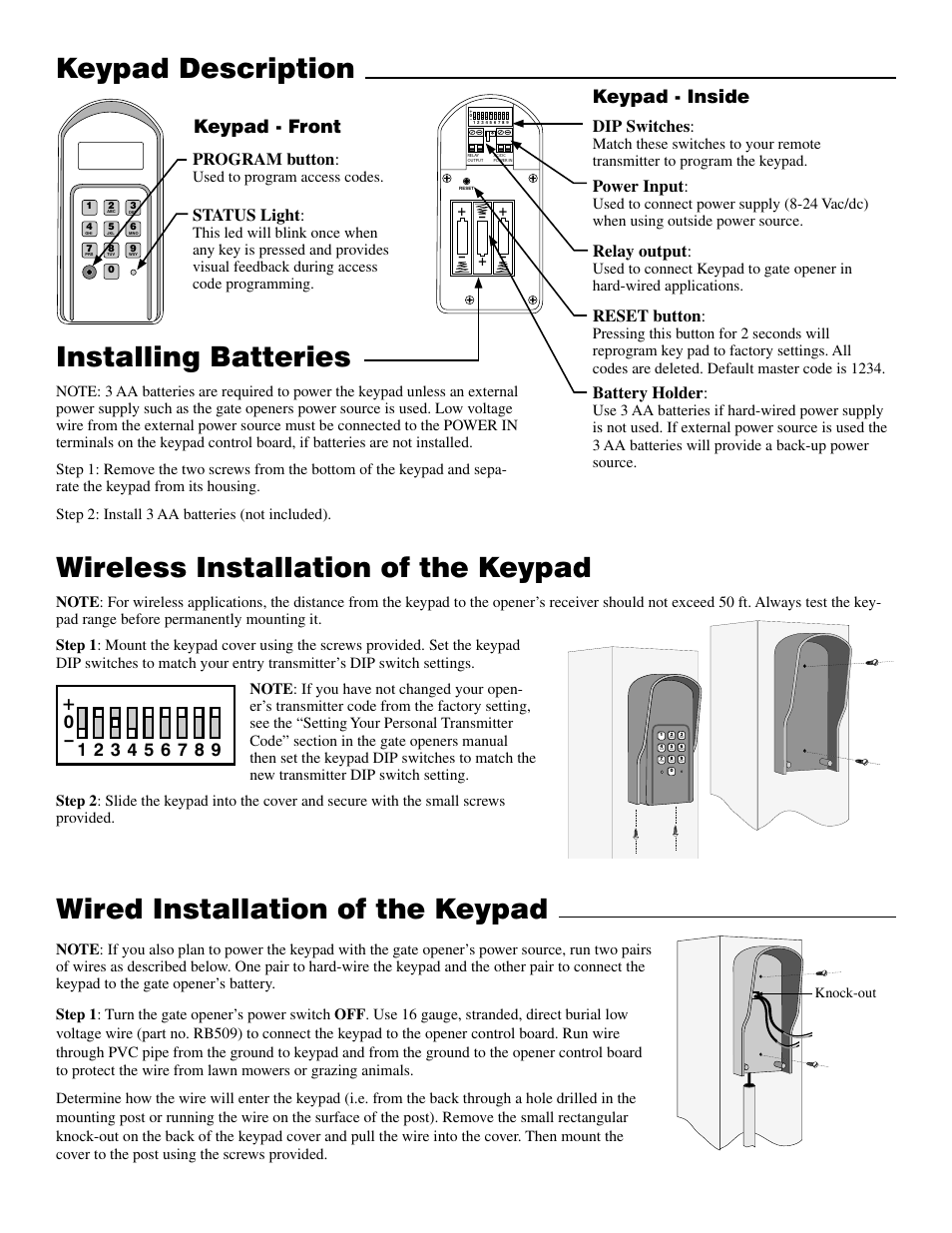 Wired installation of the keypad, Keypad description installing batteries, Wireless installation of the keypad | Keypad - front, Keypad - inside, Status light, Program button, Battery holder, Reset button, Dip switches | Mighty Mule FM137 User Manual | Page 2 / 5