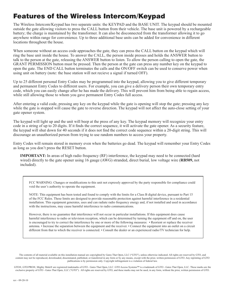 Features of the wireless intercom/keypad | Mighty Mule FM136 User Manual | Page 2 / 8
