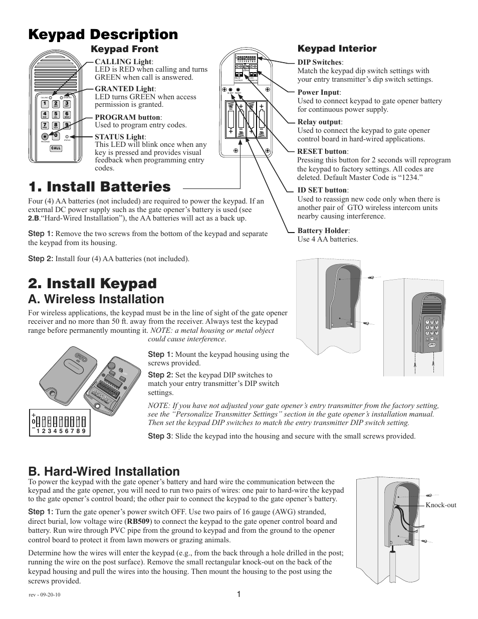 Keypad description 1. install batteries, Install keypad, A. wireless installation | B. hard-wired installation, Keypad front, Keypad interior, Battery holder : use 4 aa batteries, Knock-out, Status program calling granted | Mighty Mule FM136 User Manual | Page 3 / 8