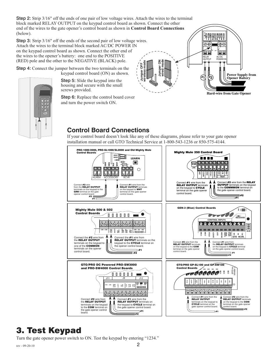 Test keypad, Control board connections, Status program calling granted | Mighty Mule FM136 User Manual | Page 4 / 8