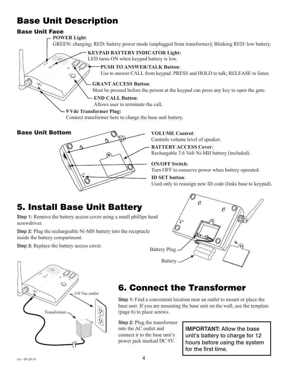 Base unit description, Install base unit battery, Connect the transformer | Base unit face, Replace the battery access cover, Battery plug battery | Mighty Mule FM136 User Manual | Page 6 / 8