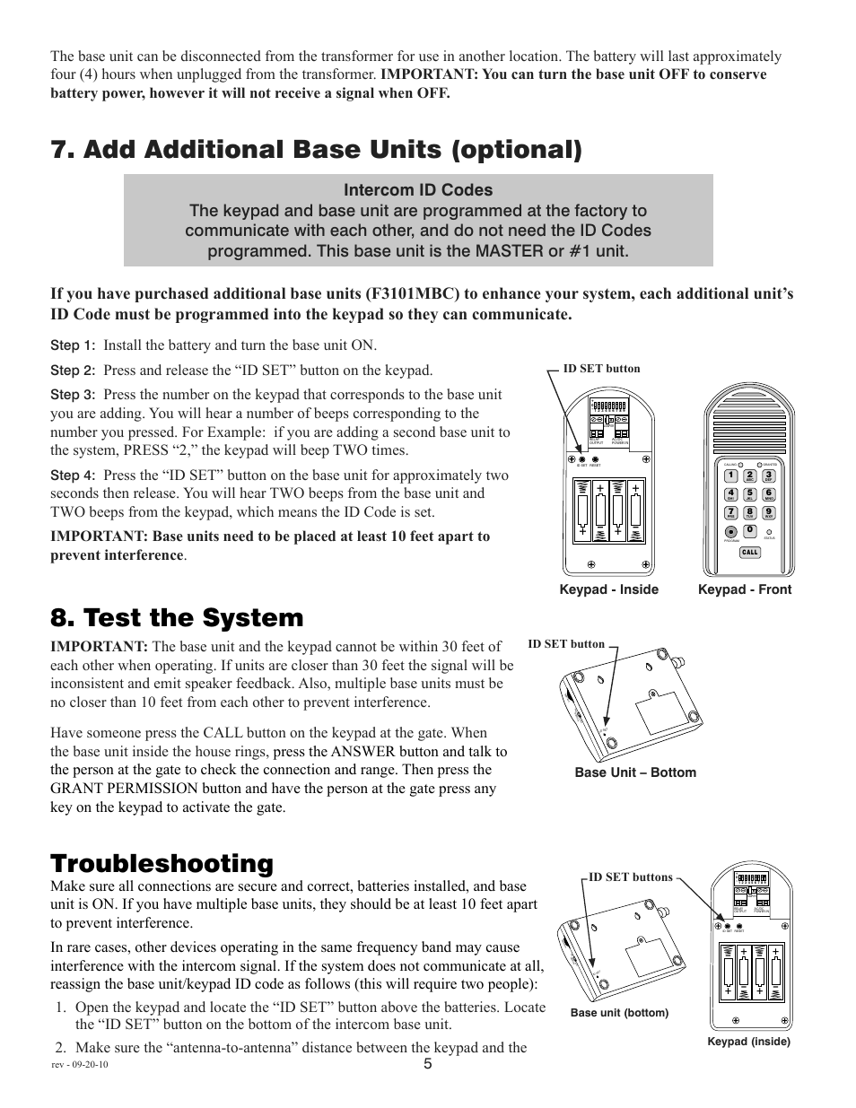 Add additional base units (optional), Test the system, Troubleshooting | Install the battery and turn the base unit on, Step 1, Step 2, Step 3, Step 4, Keypad - inside base unit – bottom, Keypad - front | Mighty Mule FM136 User Manual | Page 7 / 8