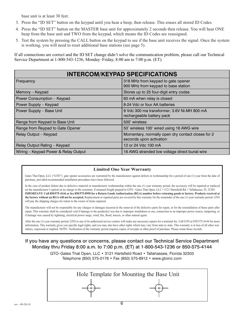 Intercom/keypad specifications, Hole template for mounting the base unit | Mighty Mule FM136 User Manual | Page 8 / 8