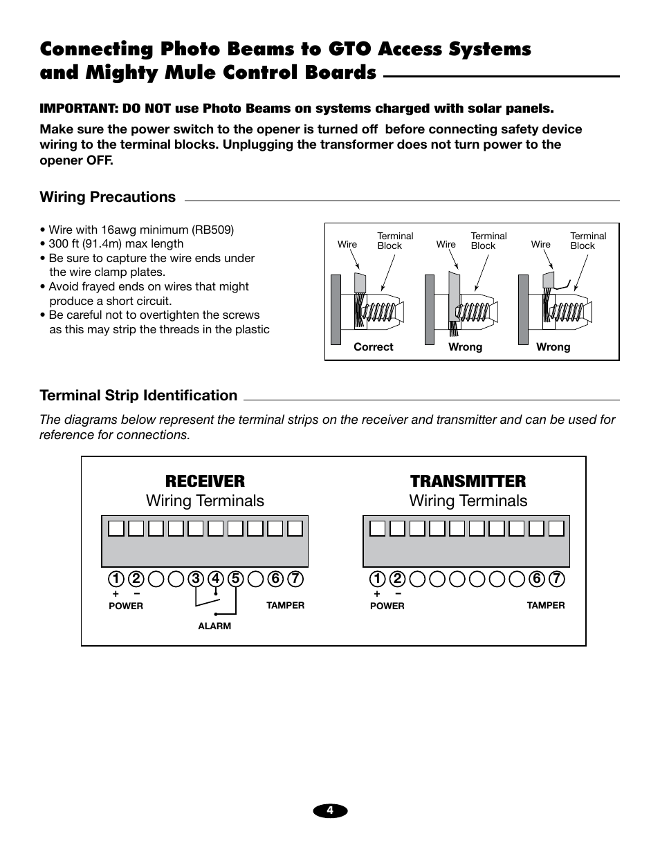 Wiring terminals receiver, Wiring terminals transmitter, Terminal strip identification wiring precautions | Mighty Mule R4222 User Manual | Page 4 / 10