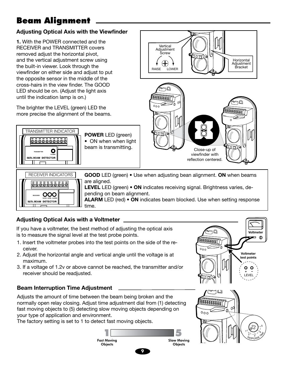 Beam alignment, Beam interruption time adjustment, Adjusting optical axis with the viewfinder | Adjusting optical axis with a voltmeter | Mighty Mule R4222 User Manual | Page 9 / 10