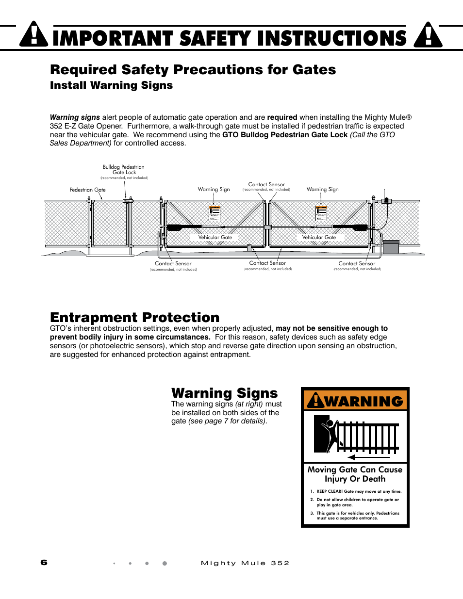 Important safety instructions, Warning, Entrapment protection | Install warning signs, Moving gate can cause injury or death | Mighty Mule FM352 User Manual | Page 10 / 48