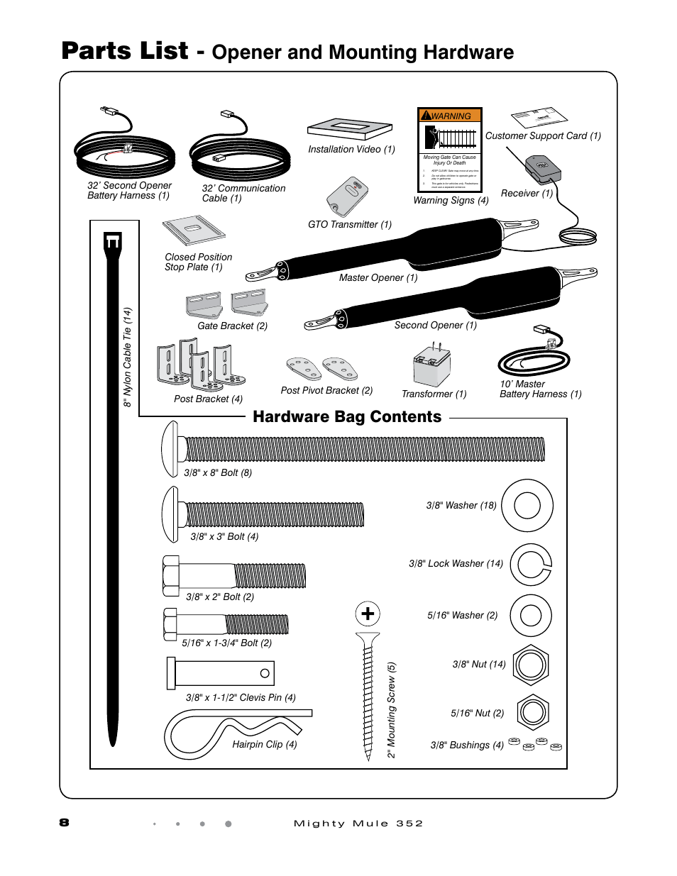 Parts list, Opener and mounting hardware, Hardware bag contents | Mighty Mule FM352 User Manual | Page 12 / 48