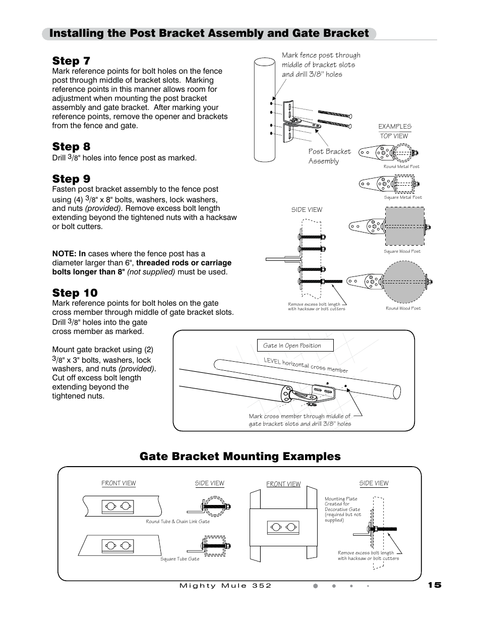 Step 8, Step 9, Step 10 | Gate bracket mounting examples | Mighty Mule FM352 User Manual | Page 19 / 48