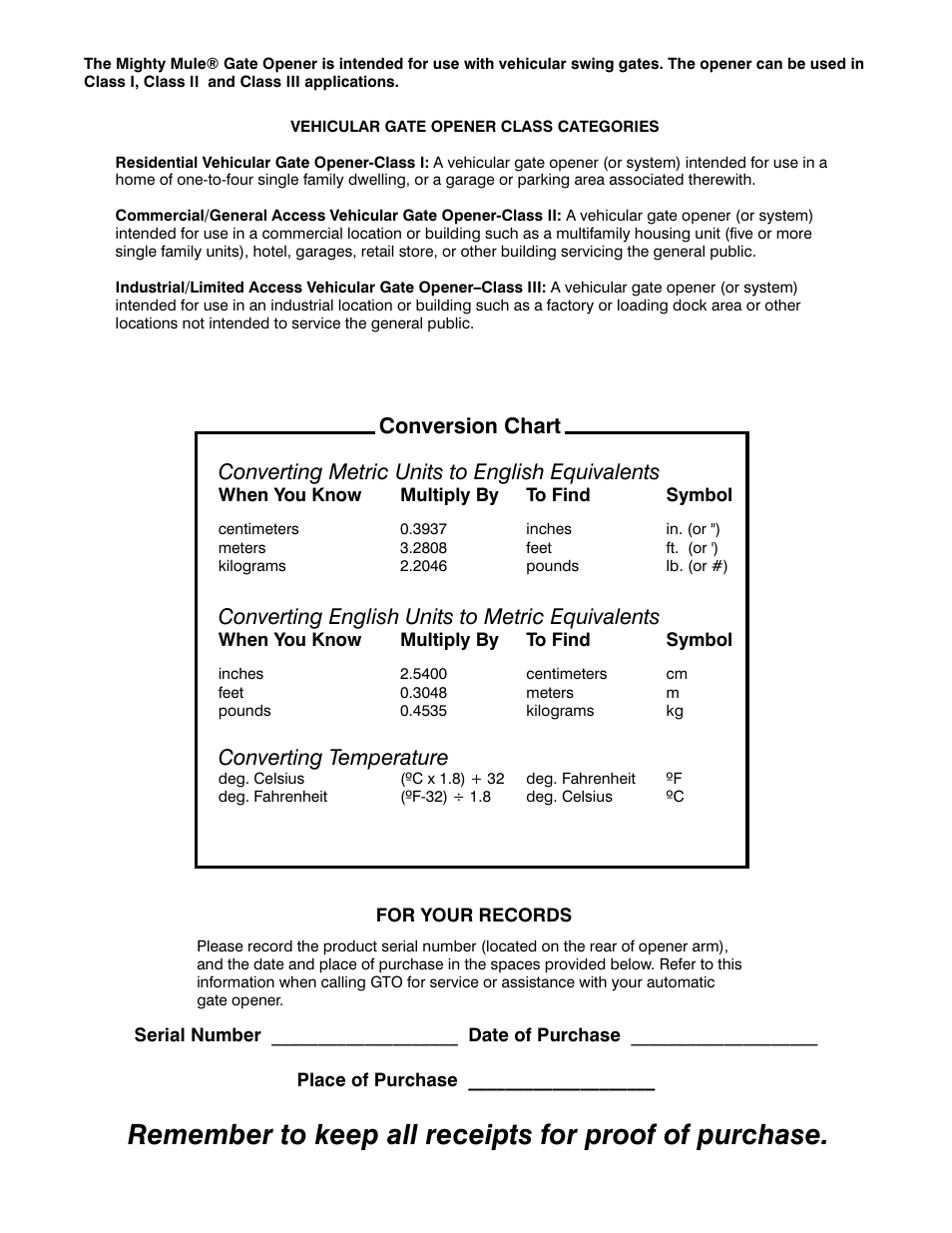 Converting metric units to english equivalents, Converting english units to metric equivalents, Converting temperature | Conversion chart | Mighty Mule FM352 User Manual | Page 2 / 48