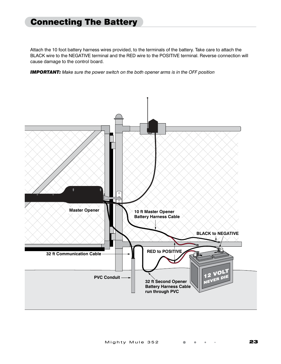 Connecting the battery | Mighty Mule FM352 User Manual | Page 27 / 48