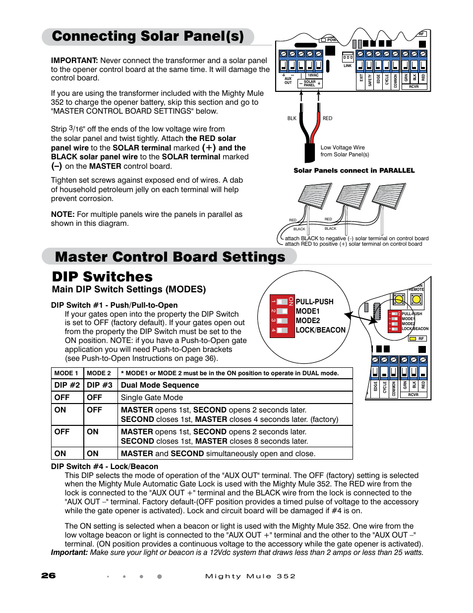Dip switches, Main dip switch settings (modes), Pull-push mode1 mode2 lock/beacon | Mighty Mule FM352 User Manual | Page 30 / 48