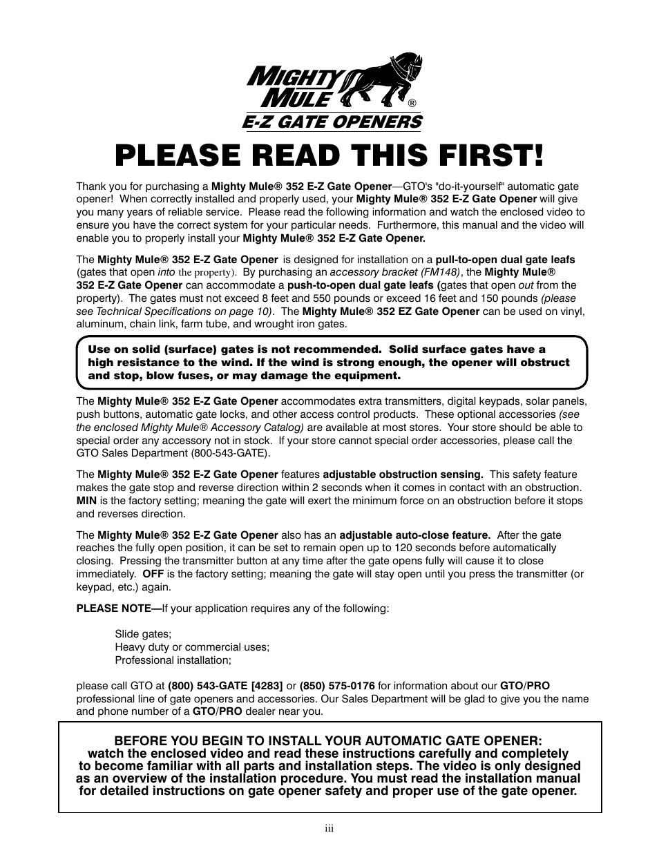 Please read this first, E-z gate openers | Mighty Mule FM352 User Manual | Page 4 / 48