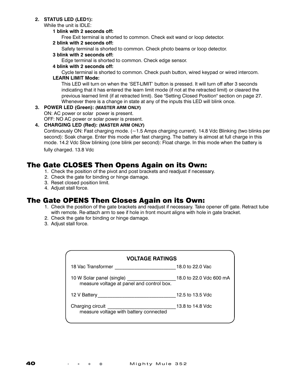 The gate closes then opens again on its own, The gate opens then closes again on its own | Mighty Mule FM352 User Manual | Page 44 / 48