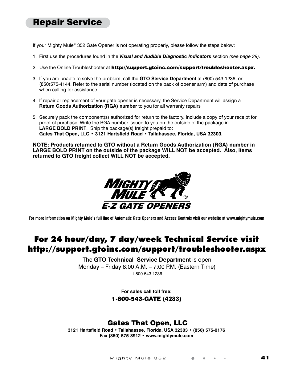 E-z gate openers, Repair service, Gates that open, llc | Mighty Mule FM352 User Manual | Page 45 / 48