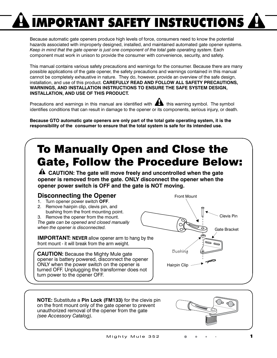 Important safety instructions, Disconnecting the opener | Mighty Mule FM352 User Manual | Page 5 / 48