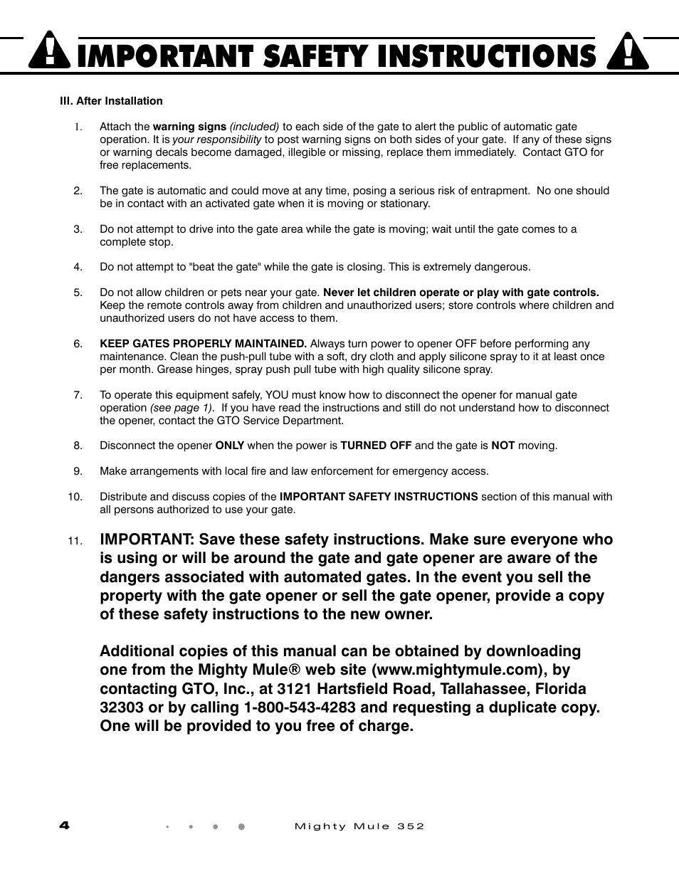 Important safety instructions | Mighty Mule FM352 User Manual | Page 8 / 48