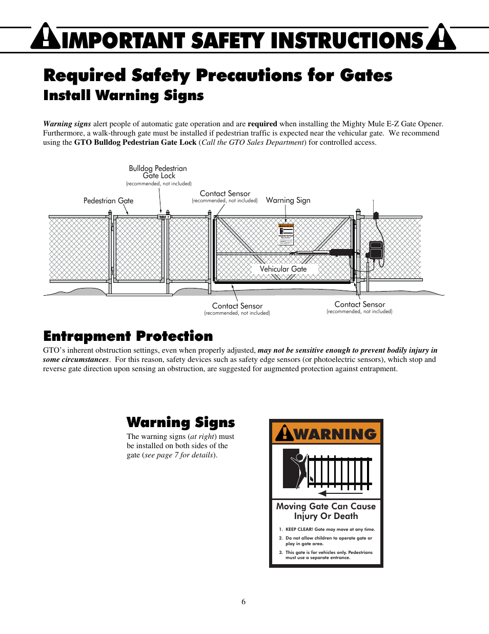 Important safety instructions, Required safety precautions for gates, Install warning signs entrapment protection | Warning signs, Warning | Mighty Mule FM700 User Manual | Page 10 / 42